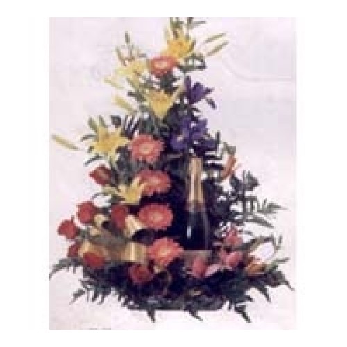 Assorted floral arrangement with champagne